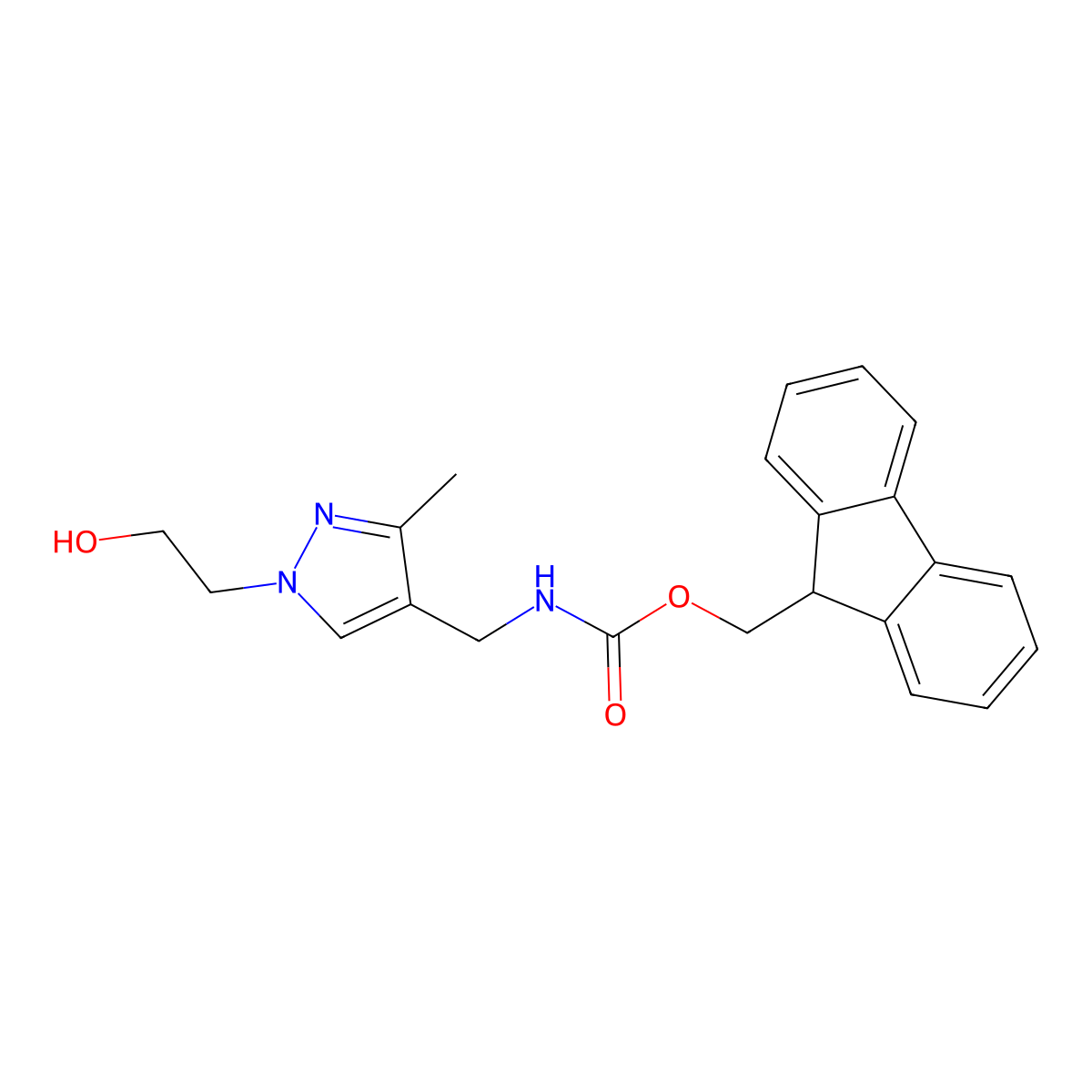 (9H-fluoren-9-yl)methyl N-{[1-(2-hydroxyethyl)-3-methyl-1H-pyrazol-4-yl]methyl}carbamate molecular structure, CAS 2763932-13-2