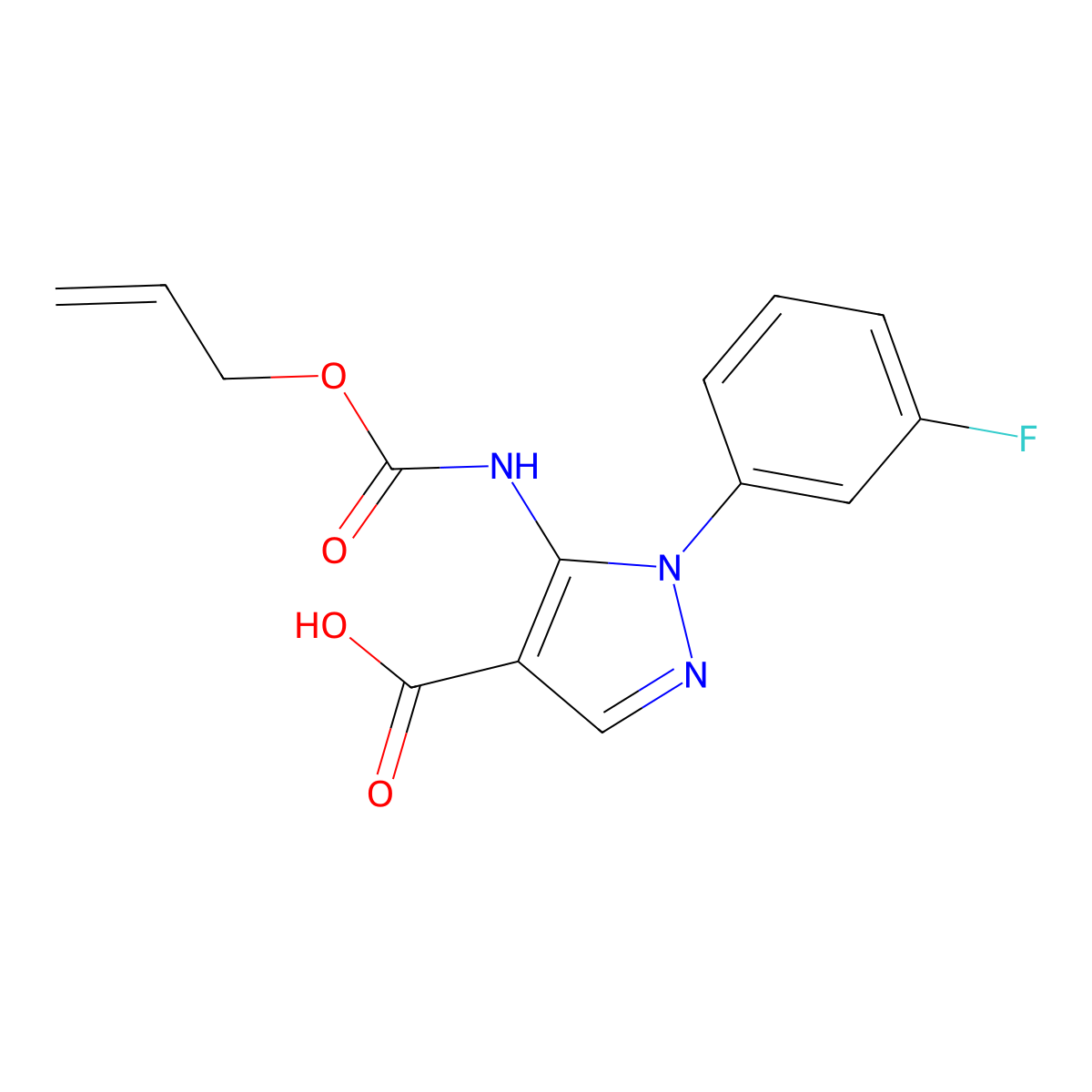 1-(3-fluorophenyl)-5-{[(prop-2-en-1-yloxy)carbonyl]amino}-1H-pyrazole-4-carboxylic acid molecular structure, CAS 2763932-28-9