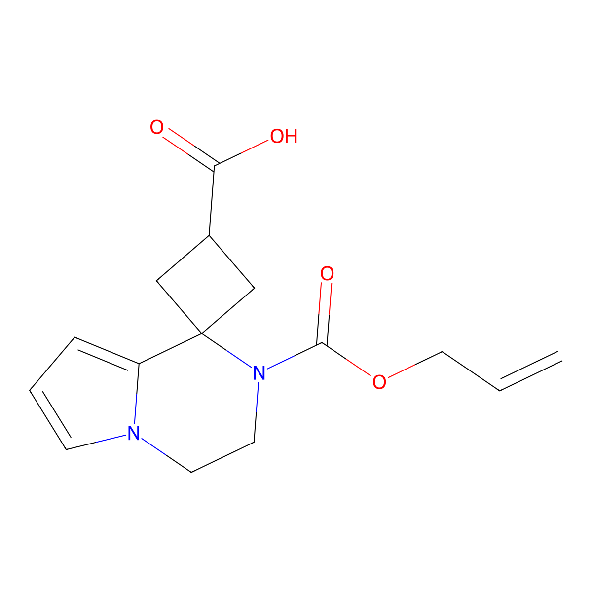 2'-[(prop-2-en-1-yloxy)carbonyl]-3',4'-dihydro-2'H-spiro[cyclobutane-1,1'-pyrrolo[1,2-a]pyrazine]-3-carboxylic acid molecular structure, CAS 2763938-55-0