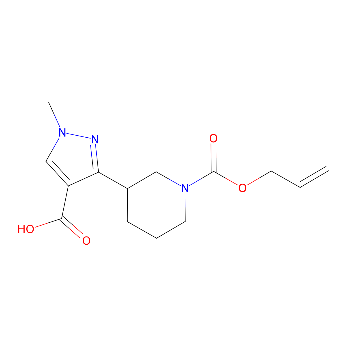 1-methyl-3-{1-[(prop-2-en-1-yloxy)carbonyl]piperidin-3-yl}-1H-pyrazole-4-carboxylic acid molecular structure, CAS 2763938-78-7