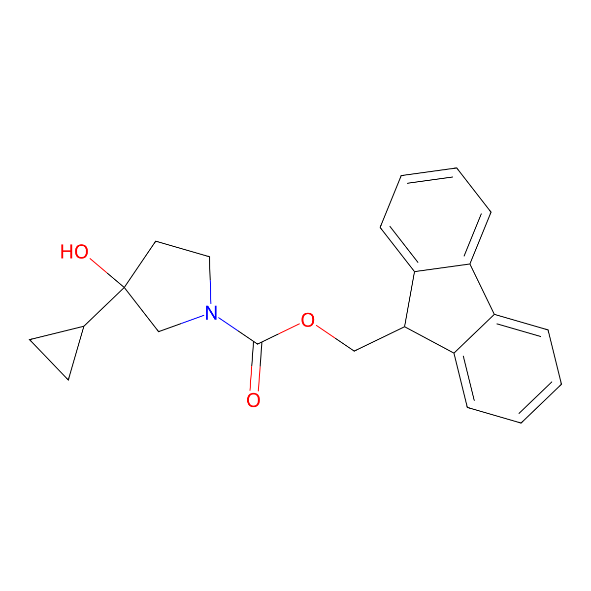 (9H-fluoren-9-yl)methyl 3-cyclopropyl-3-hydroxypyrrolidine-1-carboxylate molecular structure, CAS 2763939-19-9