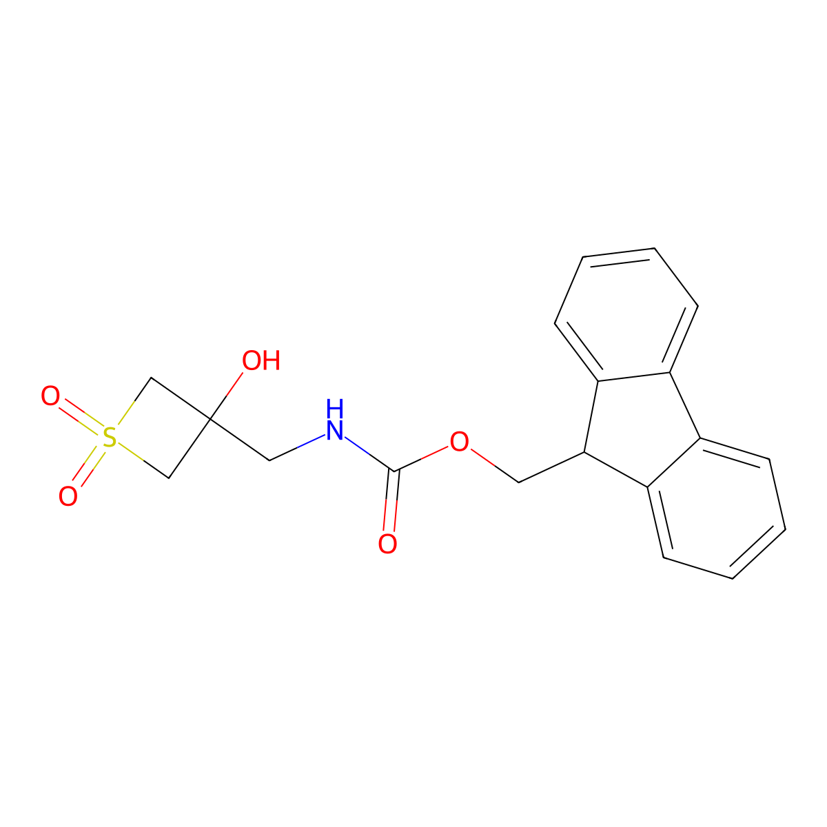 (9H-fluoren-9-yl)methyl N-[(3-hydroxy-1,1-dioxo-1lambda6-thietan-3-yl)methyl]carbamate molecular structure, CAS 2763939-52-0