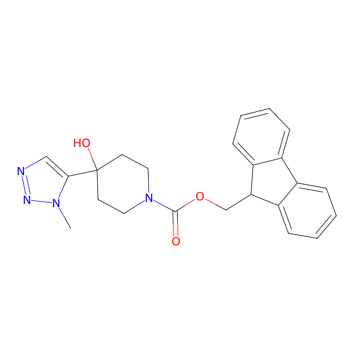 (9H-fluoren-9-yl)methyl 4-hydroxy-4-(1-methyl-1H-1,2,3-triazol-5-yl)piperidine-1-carboxylate molecular structure, CAS 2763939-57-5