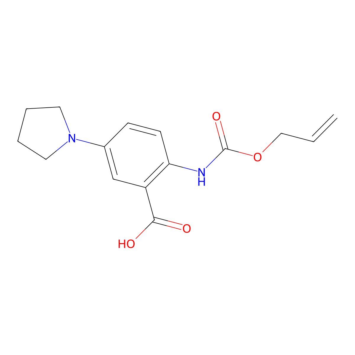 2-{[(Prop-2-en-1-yloxy)carbonyl]amino}-5-(pyrrolidin-1-yl)benzoic acid molecular structure, CAS 2763939-60-0