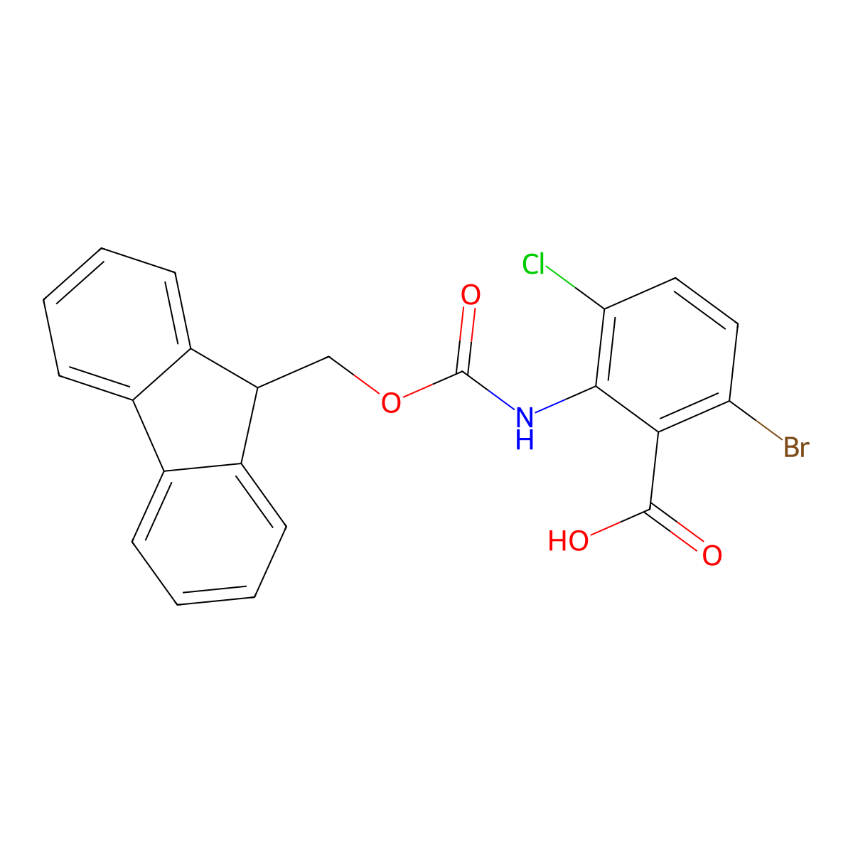 6-bromo-3-chloro-2-({[(9H-fluoren-9-yl)methoxy]carbonyl}amino)benzoic acid molecular structure, CAS 2763939-68-8
