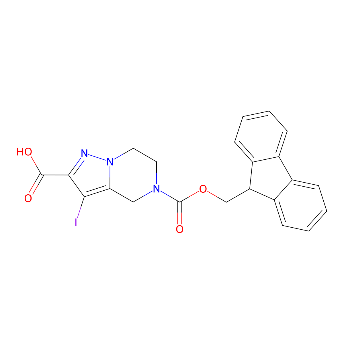 5-{[(9H-fluoren-9-yl)methoxy]carbonyl}-3-iodo-4H,5H,6H,7H-pyrazolo[1,5-a]pyrazine-2-carboxylic acid molecular structure, CAS 2763940-31-2