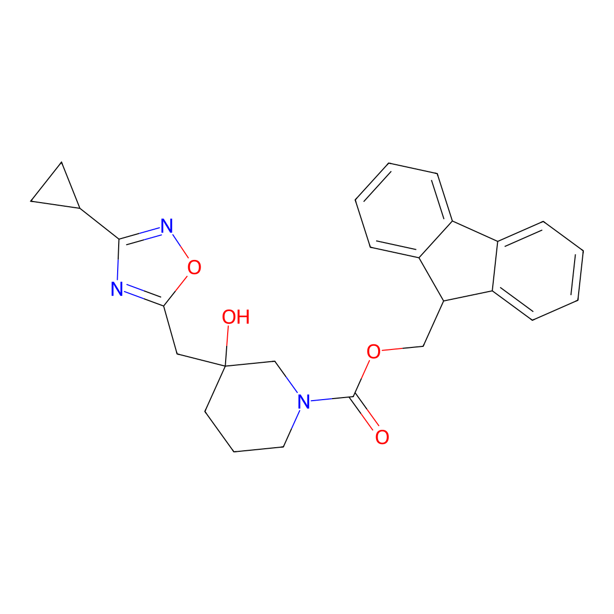 (9H-fluoren-9-yl)methyl 3-[(3-cyclopropyl-1,2,4-oxadiazol-5-yl)methyl]-3-hydroxypiperidine-1-carboxylate molecular structure, CAS 2763946-18-3