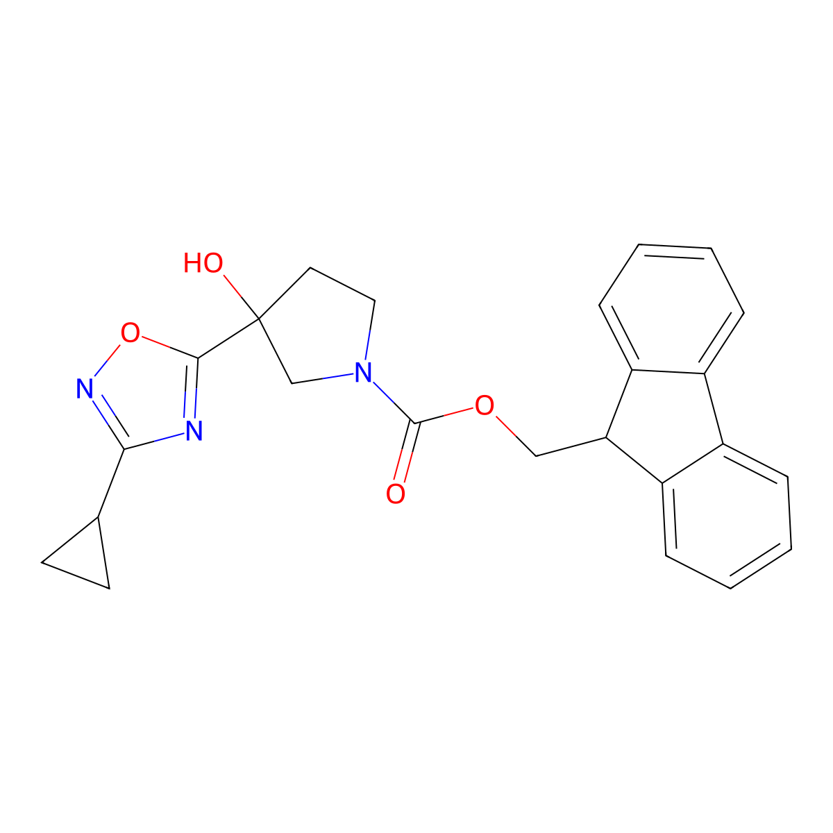 (9H-fluoren-9-yl)methyl 3-(3-cyclopropyl-1,2,4-oxadiazol-5-yl)-3-hydroxypyrrolidine-1-carboxylate molecular structure, CAS 2763946-47-8