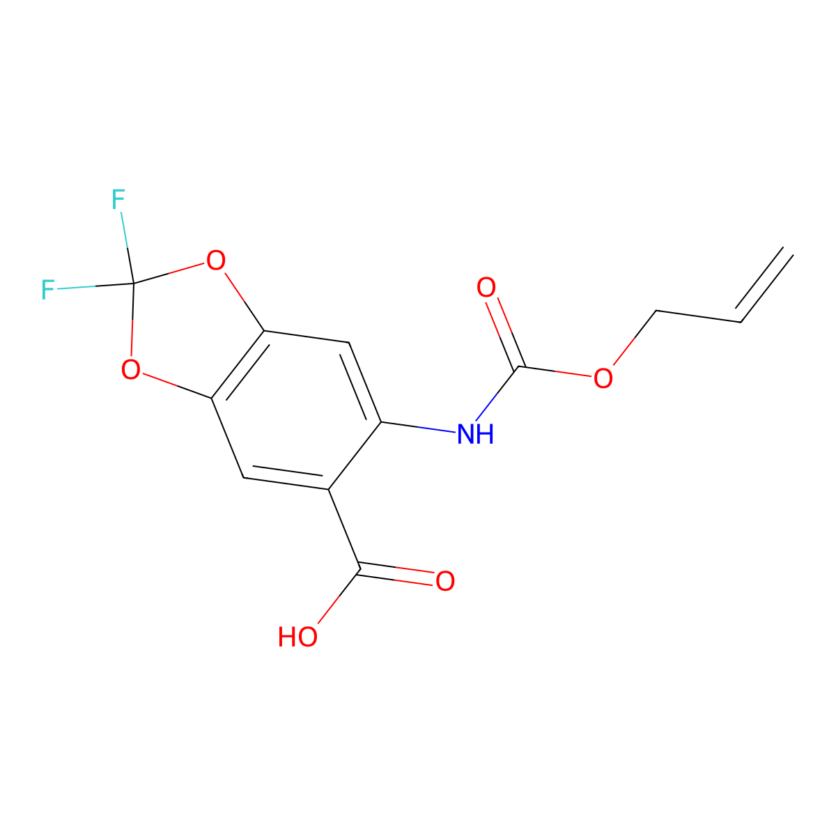 2,2-Difluoro-6-{[(prop-2-en-1-yloxy)carbonyl]amino}-1,3-dioxaindane-5-carboxylic acid molecular structure, CAS 2763947-59-5