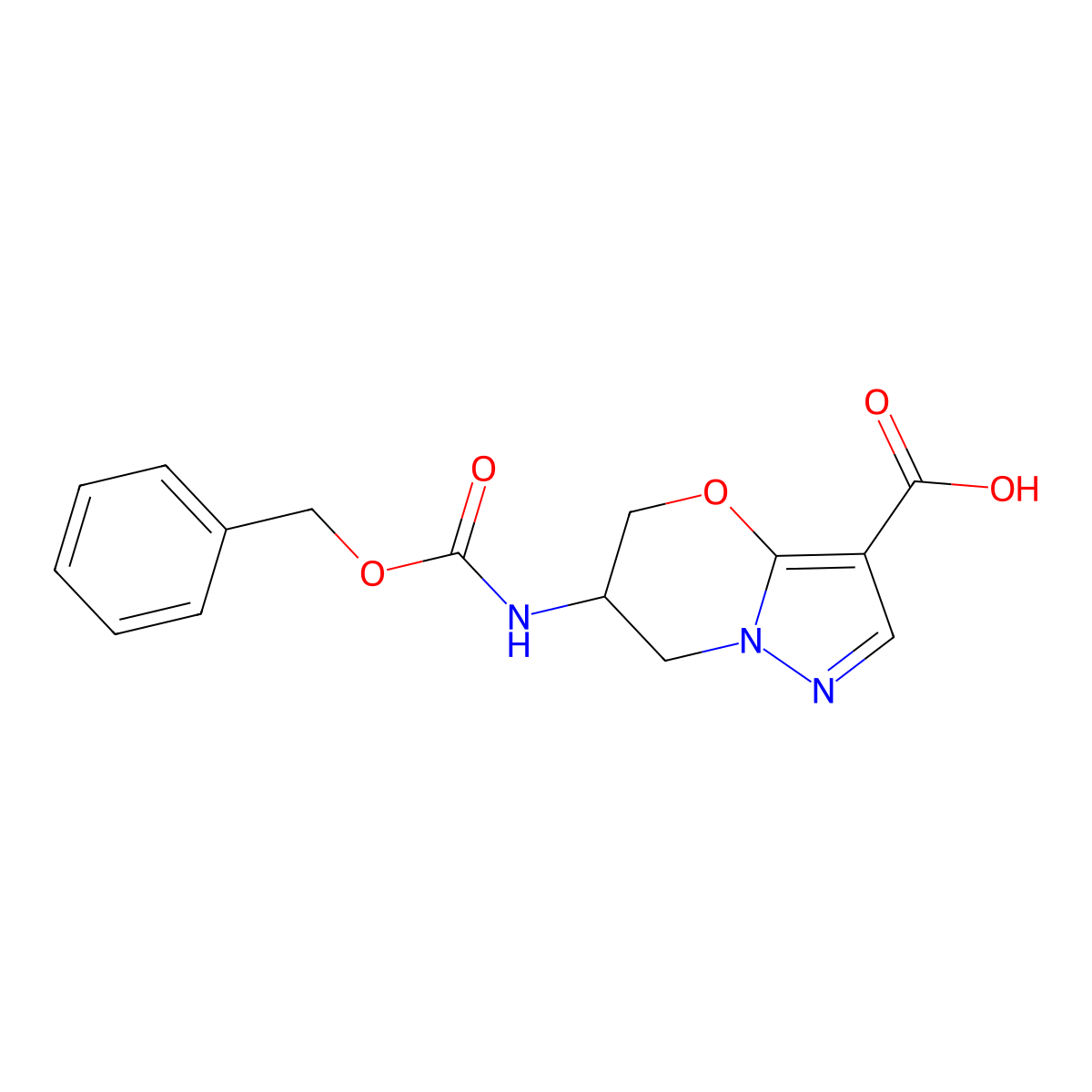 6-{[(benzyloxy)carbonyl]amino}-5H,6H,7H-pyrazolo[3,2-b][1,3]oxazine-3-carboxylic acid molecular structure, CAS 2763947-83-5