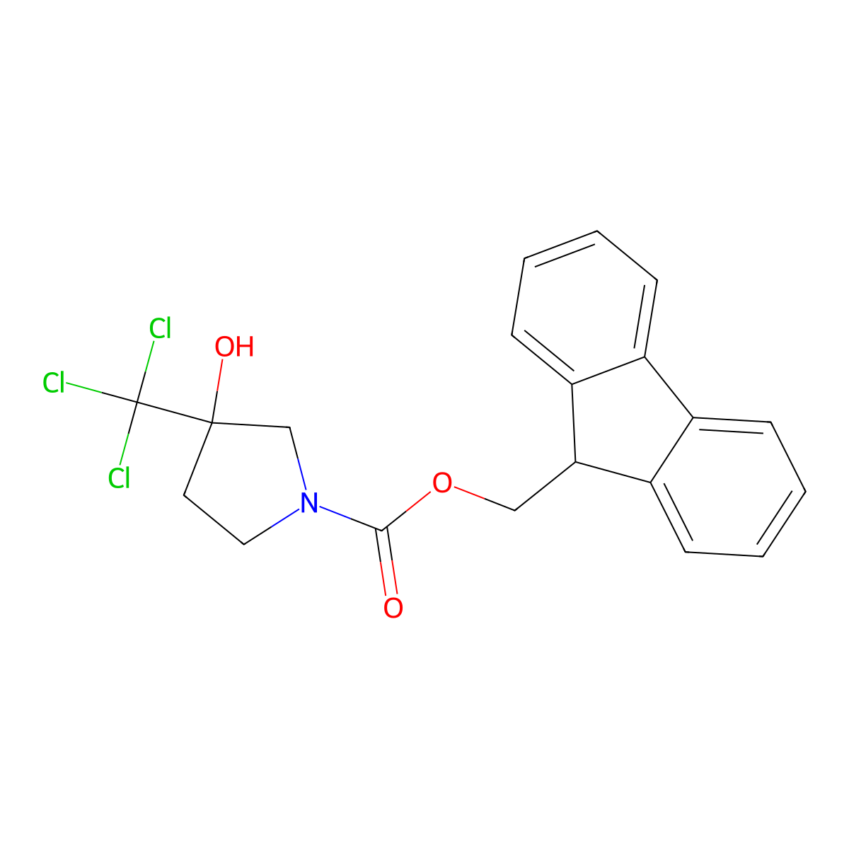 (9H-fluoren-9-yl)methyl 3-hydroxy-3-(trichloromethyl)pyrrolidine-1-carboxylate molecular structure, CAS 2763954-77-2