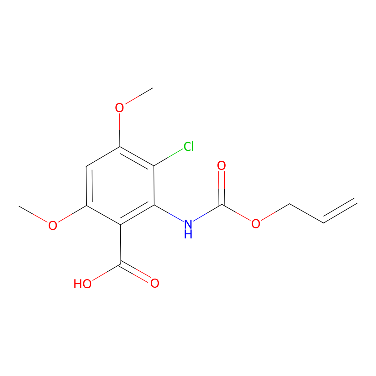 3-Chloro-4,6-dimethoxy-2-{[(prop-2-en-1-yloxy)carbonyl]amino}benzoic acid molecular structure, CAS 2763954-95-4