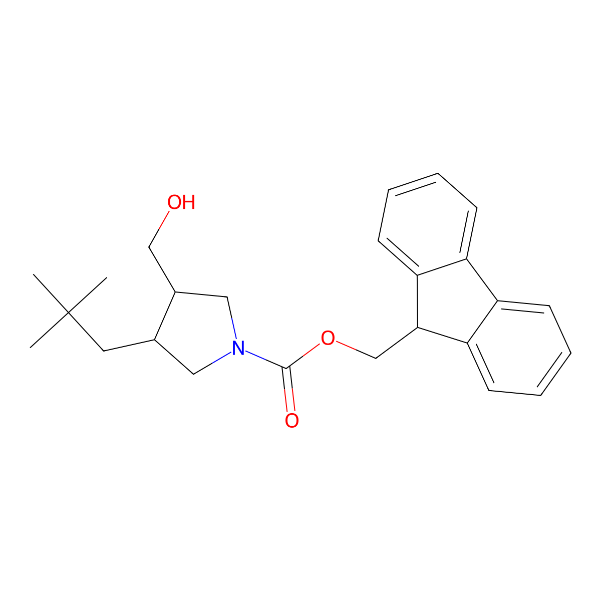 rac-(9H-fluoren-9-yl)methyl (3R,4R)-3-(2,2-dimethylpropyl)-4-(hydroxymethyl)pyrrolidine-1-carboxylate molecular structure, CAS 2763954-98-7
