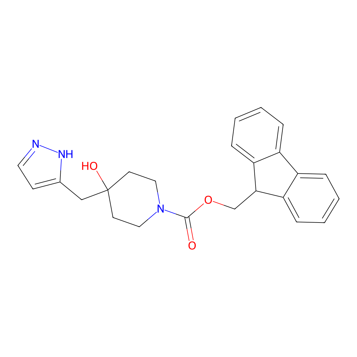 (9H-fluoren-9-yl)methyl 4-hydroxy-4-[(1H-pyrazol-3-yl)methyl]piperidine-1-carboxylate molecular structure, CAS 2763955-20-8