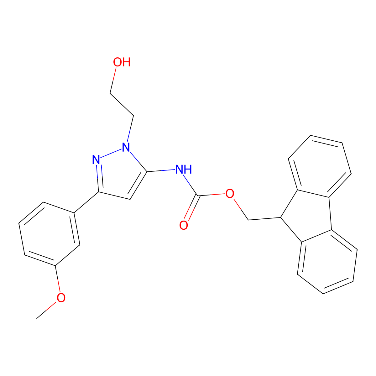 (9H-fluoren-9-yl)methyl N-[1-(2-hydroxyethyl)-3-(3-methoxyphenyl)-1H-pyrazol-5-yl]carbamate molecular structure, CAS 2763955-29-7