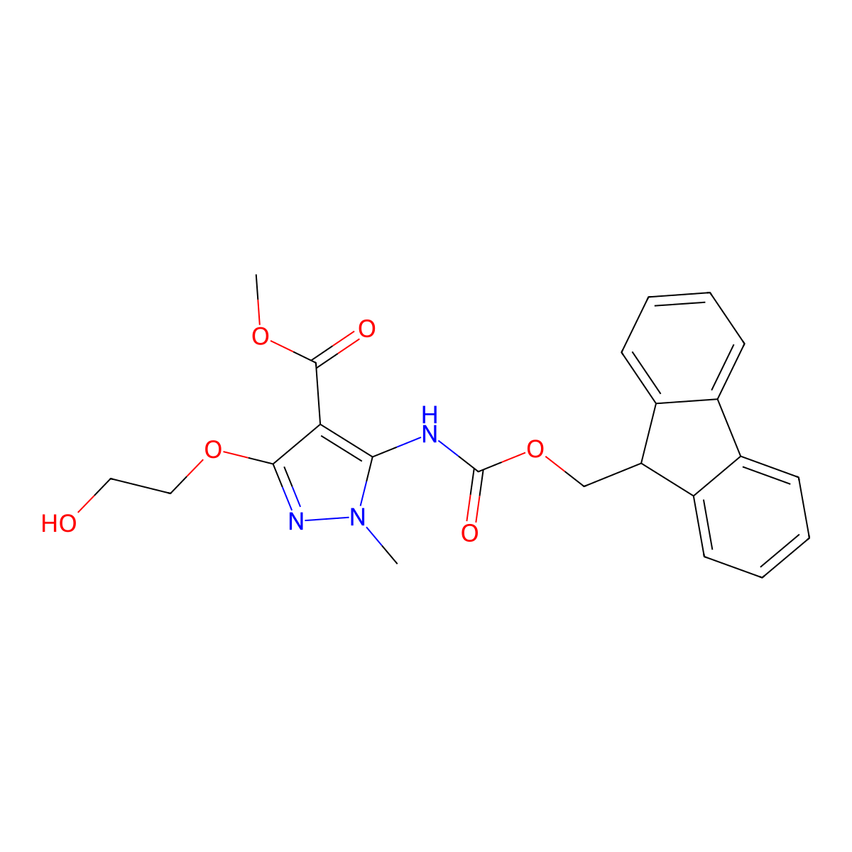 methyl 5-({[(9H-fluoren-9-yl)methoxy]carbonyl}amino)-3-(2-hydroxyethoxy)-1-methyl-1H-pyrazole-4-carboxylate molecular structure, CAS 2763955-53-7