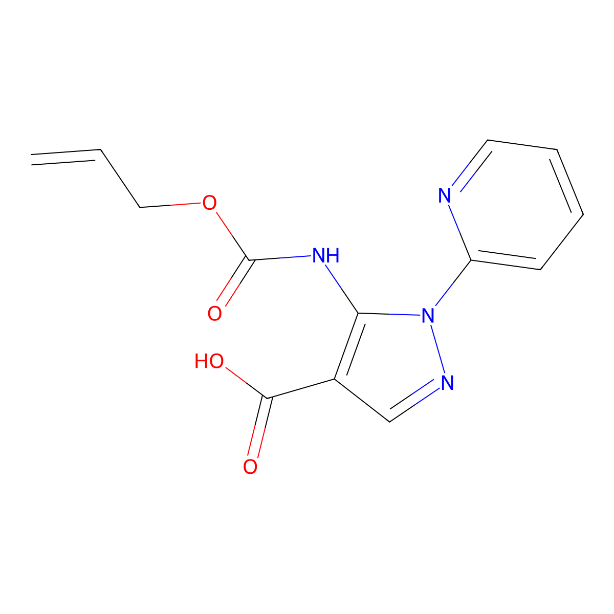 5-{[(prop-2-en-1-yloxy)carbonyl]amino}-1-(pyridin-2-yl)-1H-pyrazole-4-carboxylic acid molecular structure, CAS 2763956-22-3