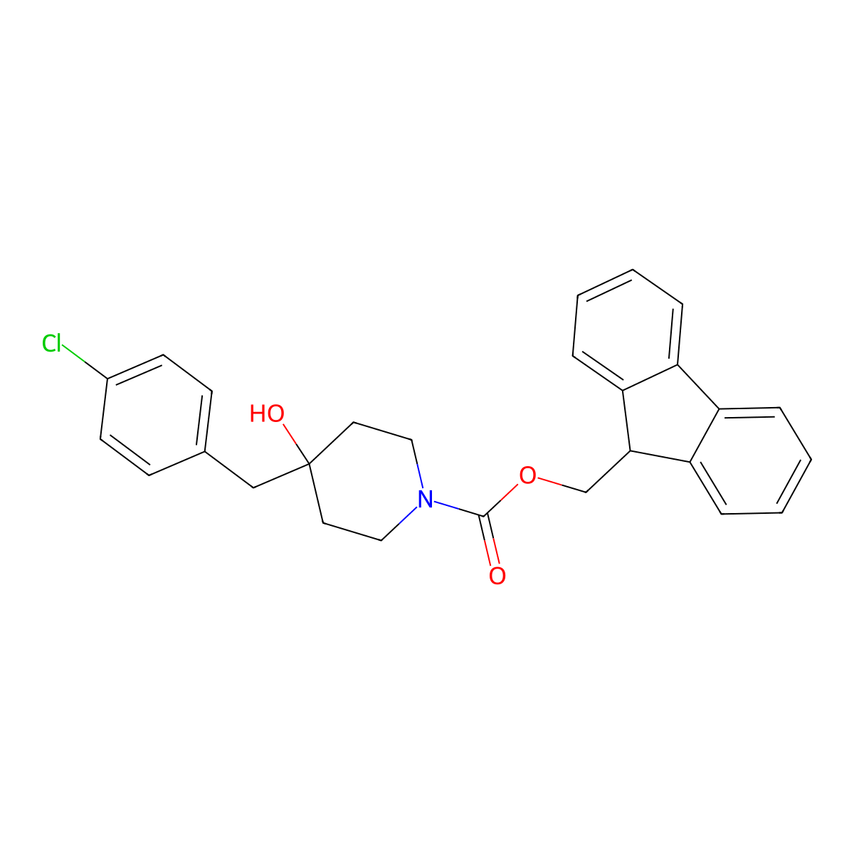 (9H-fluoren-9-yl)methyl 4-[(4-chlorophenyl)methyl]-4-hydroxypiperidine-1-carboxylate molecular structure, CAS 2763964-63-0