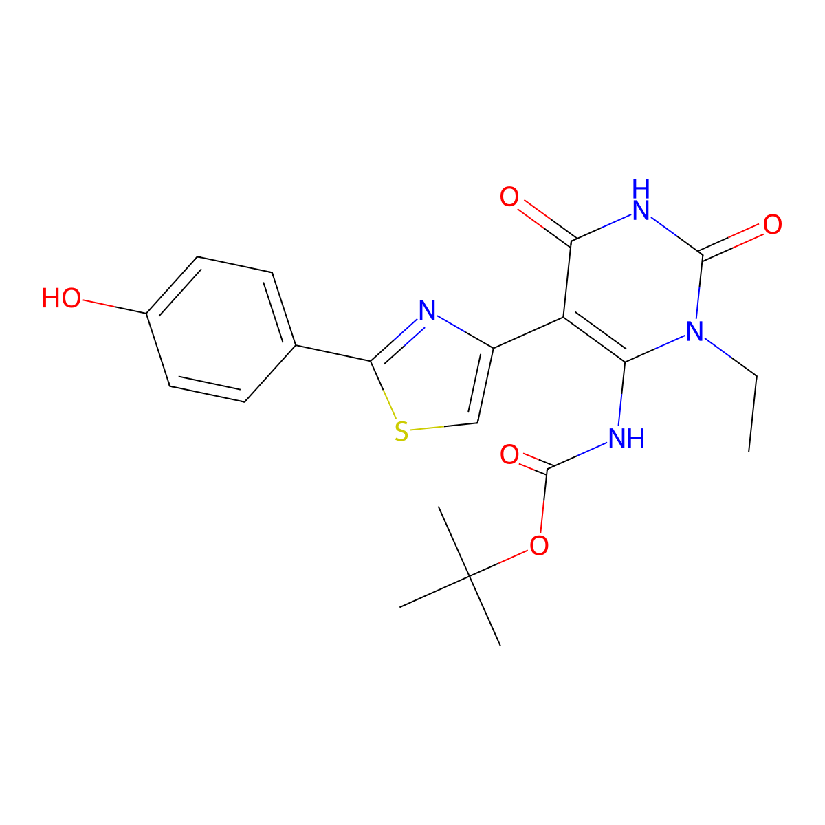 tert-butyl N-{3-ethyl-5-[2-(4-hydroxyphenyl)-1,3-thiazol-4-yl]-2,6-dioxo-1,2,3,6-tetrahydropyrimidin-4-yl}carbamate molecular structure, CAS 2763964-91-4