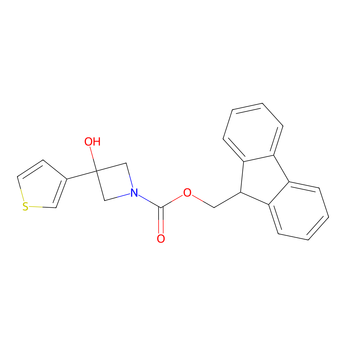(9H-fluoren-9-yl)methyl 3-hydroxy-3-(thiophen-3-yl)azetidine-1-carboxylate molecular structure, CAS 2763965-39-3