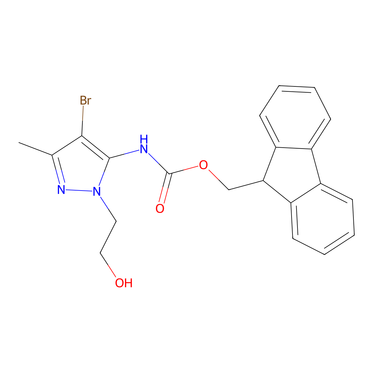 (9H-fluoren-9-yl)methyl N-[4-bromo-1-(2-hydroxyethyl)-3-methyl-1H-pyrazol-5-yl]carbamate molecular structure, CAS 2763975-58-0