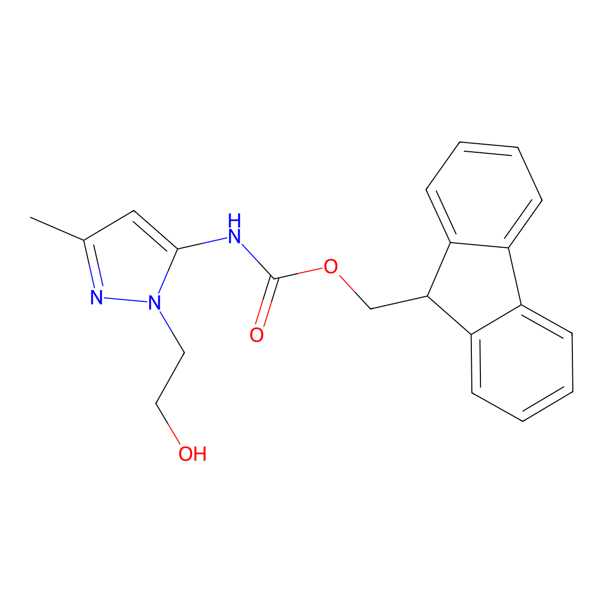 (9H-fluoren-9-yl)methyl N-[1-(2-hydroxyethyl)-3-methyl-1H-pyrazol-5-yl]carbamate molecular structure, CAS 2763975-82-0