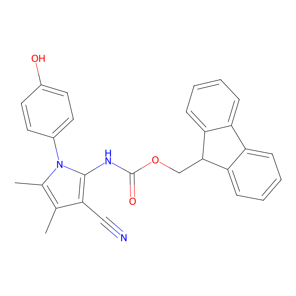 (9H-fluoren-9-yl)methyl N-[3-cyano-1-(4-hydroxyphenyl)-4,5-dimethyl-1H-pyrrol-2-yl]carbamate molecular structure, CAS 2763975-86-4