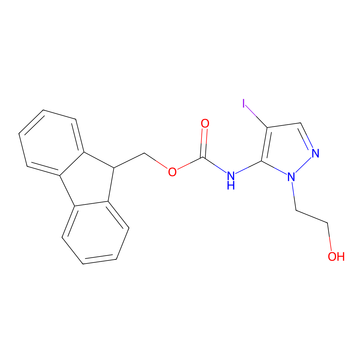(9H-fluoren-9-yl)methyl N-[1-(2-hydroxyethyl)-4-iodo-1H-pyrazol-5-yl]carbamate molecular structure, CAS 2763976-41-4