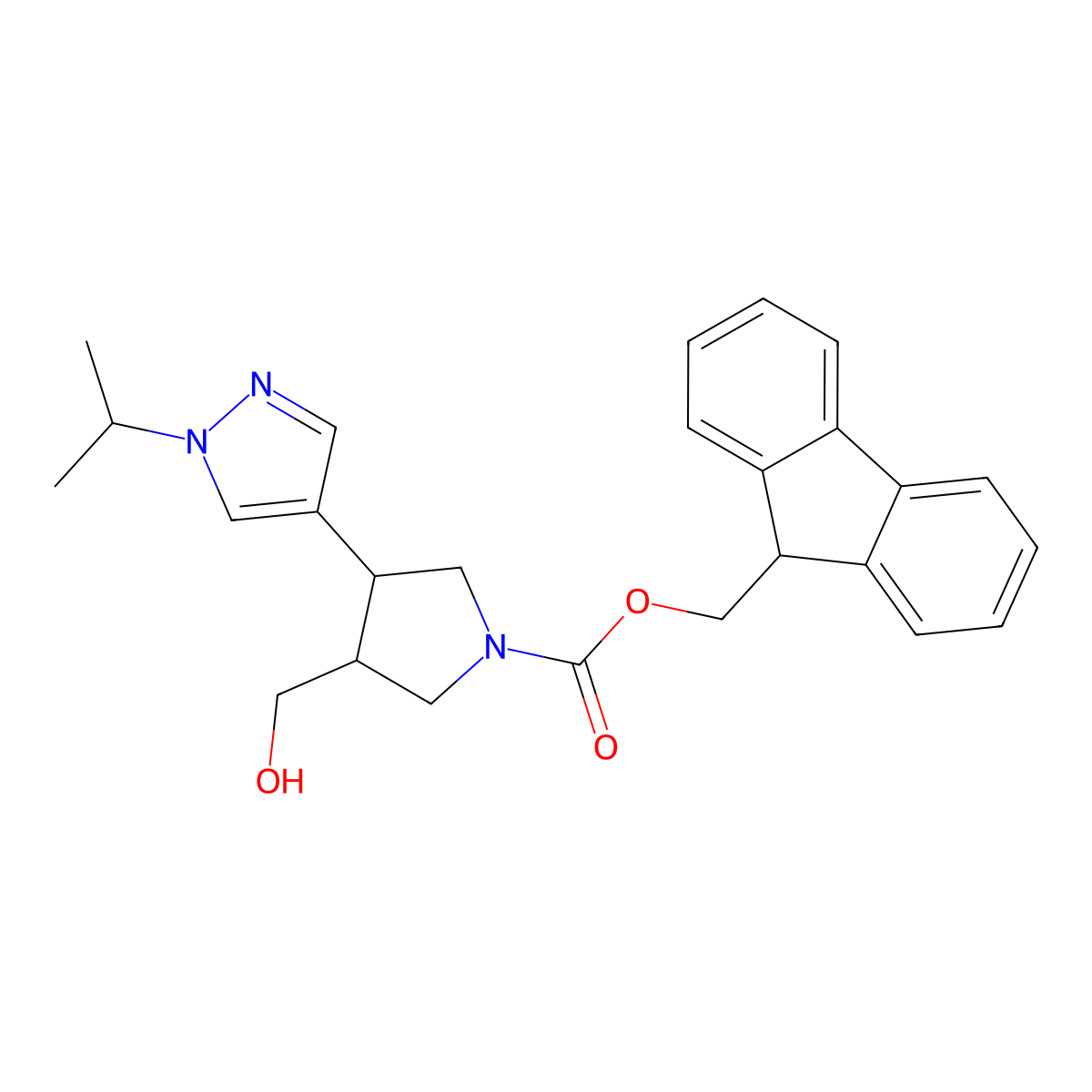 rac-(9H-fluoren-9-yl)methyl (3R,4S)-3-(hydroxymethyl)-4-[1-(propan-2-yl)-1H-pyrazol-4-yl]pyrrolidine-1-carboxylate molecular structure, CAS 2763976-66-3