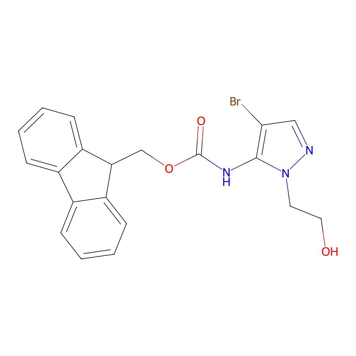 (9H-fluoren-9-yl)methyl N-[4-bromo-1-(2-hydroxyethyl)-1H-pyrazol-5-yl]carbamate molecular structure, CAS 2763976-71-0