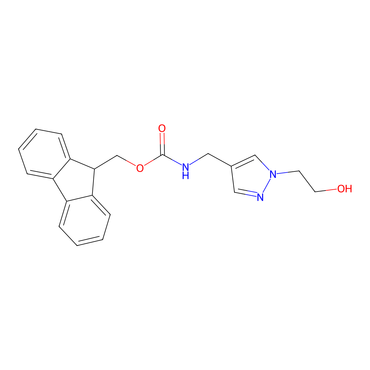 (9H-fluoren-9-yl)methyl N-{[1-(2-hydroxyethyl)-1H-pyrazol-4-yl]methyl}carbamate molecular structure, CAS 2763983-76-0