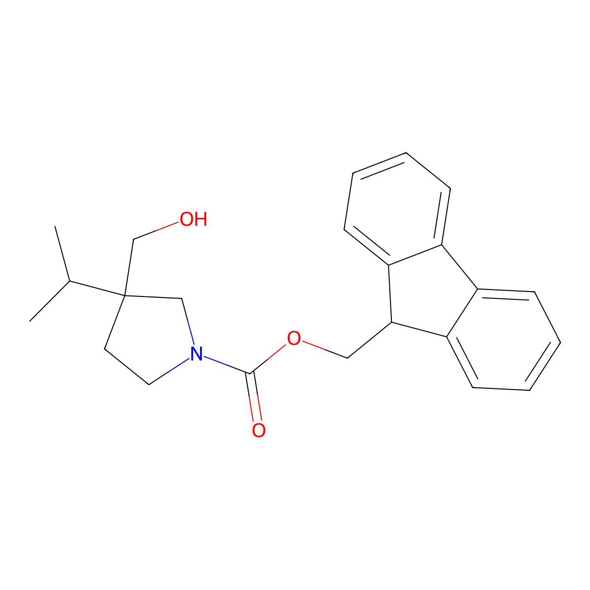 (9H-fluoren-9-yl)methyl 3-(hydroxymethyl)-3-(propan-2-yl)pyrrolidine-1-carboxylate molecular structure, CAS 2763984-17-2