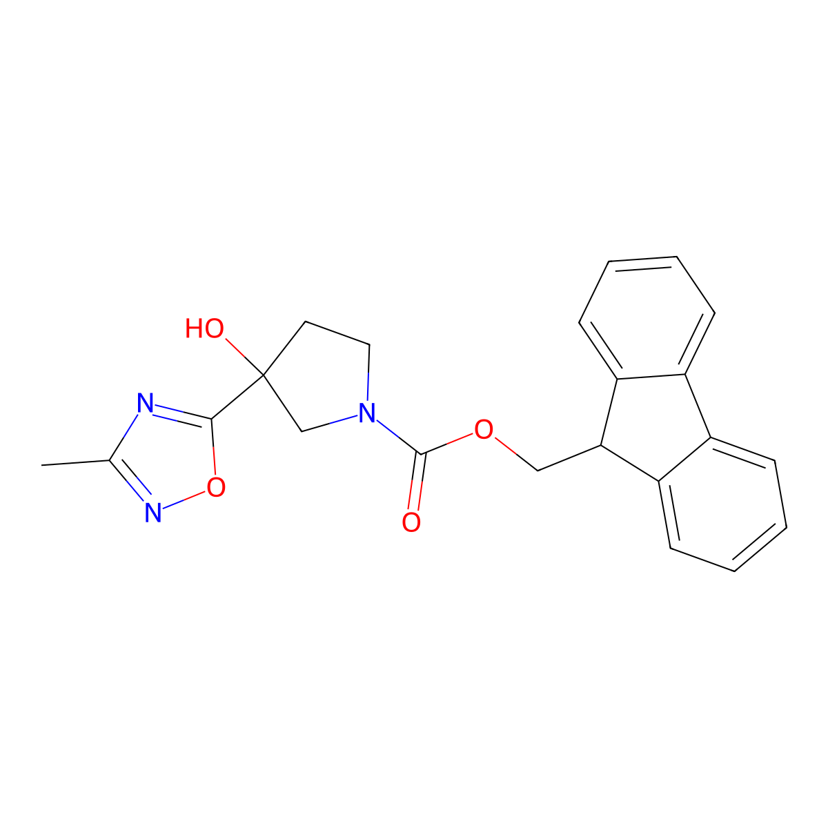(9H-fluoren-9-yl)methyl 3-hydroxy-3-(3-methyl-1,2,4-oxadiazol-5-yl)pyrrolidine-1-carboxylate molecular structure, CAS 2763984-23-0