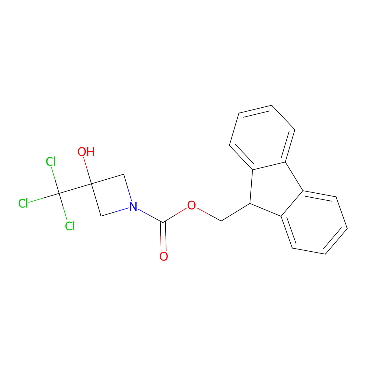 (9H-fluoren-9-yl)methyl 3-hydroxy-3-(trichloromethyl)azetidine-1-carboxylate molecular structure, CAS 2763984-41-2