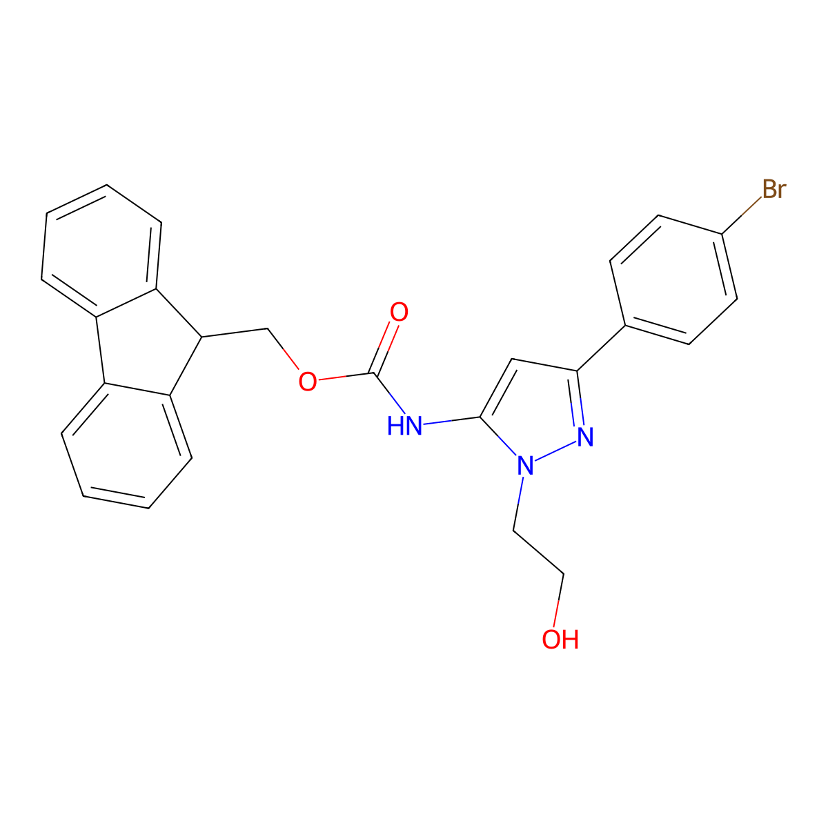 (9H-fluoren-9-yl)methyl N-[3-(4-bromophenyl)-1-(2-hydroxyethyl)-1H-pyrazol-5-yl]carbamate molecular structure, CAS 2763984-65-0