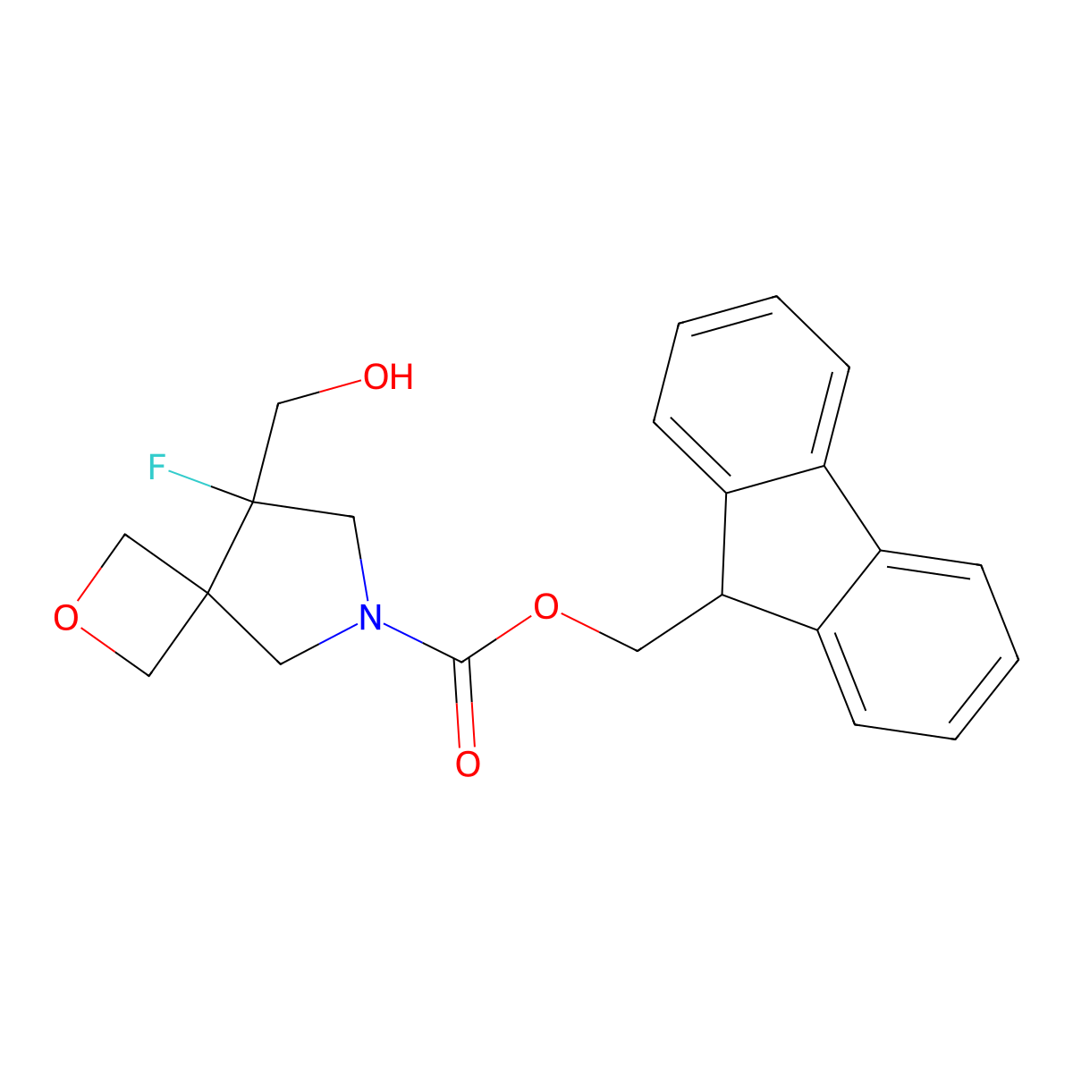(9H-fluoren-9-yl)methyl 8-fluoro-8-(hydroxymethyl)-2-oxa-6-azaspiro[3.4]octane-6-carboxylate molecular structure, CAS 2763984-68-3
