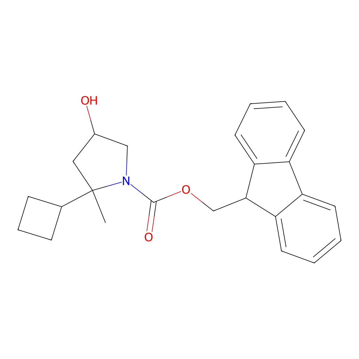 (9H-fluoren-9-yl)methyl 2-cyclobutyl-4-hydroxy-2-methylpyrrolidine-1-carboxylate molecular structure, CAS 2763984-79-6