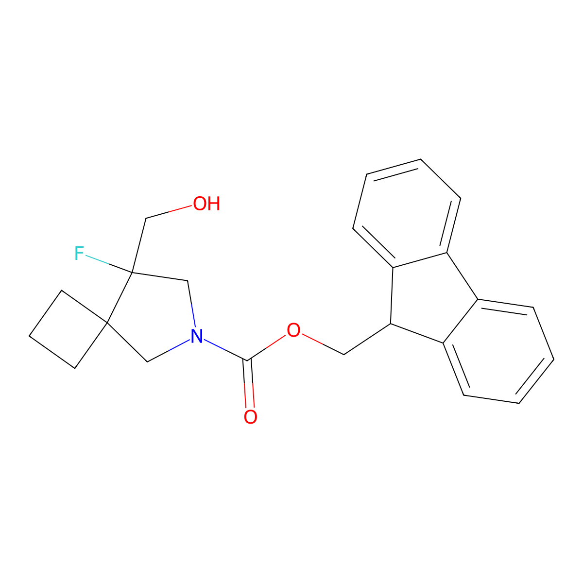 (9H-fluoren-9-yl)methyl 8-fluoro-8-(hydroxymethyl)-6-azaspiro[3.4]octane-6-carboxylate molecular structure, CAS 2763985-02-8