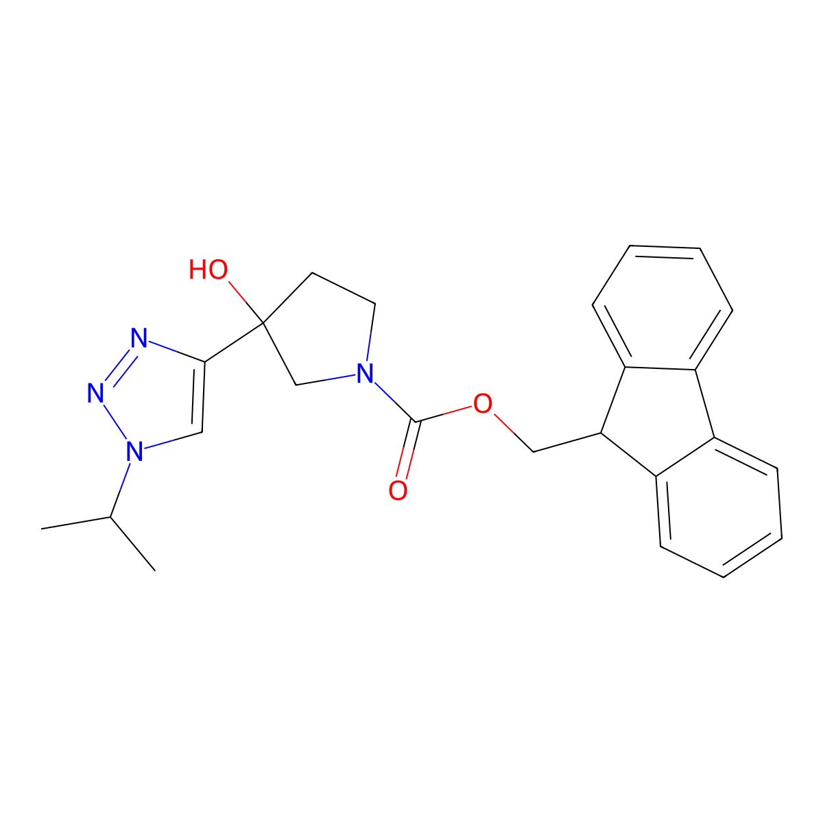 (9H-fluoren-9-yl)methyl 3-hydroxy-3-[1-(propan-2-yl)-1H-1,2,3-triazol-4-yl]pyrrolidine-1-carboxylate molecular structure, CAS 2763993-42-4