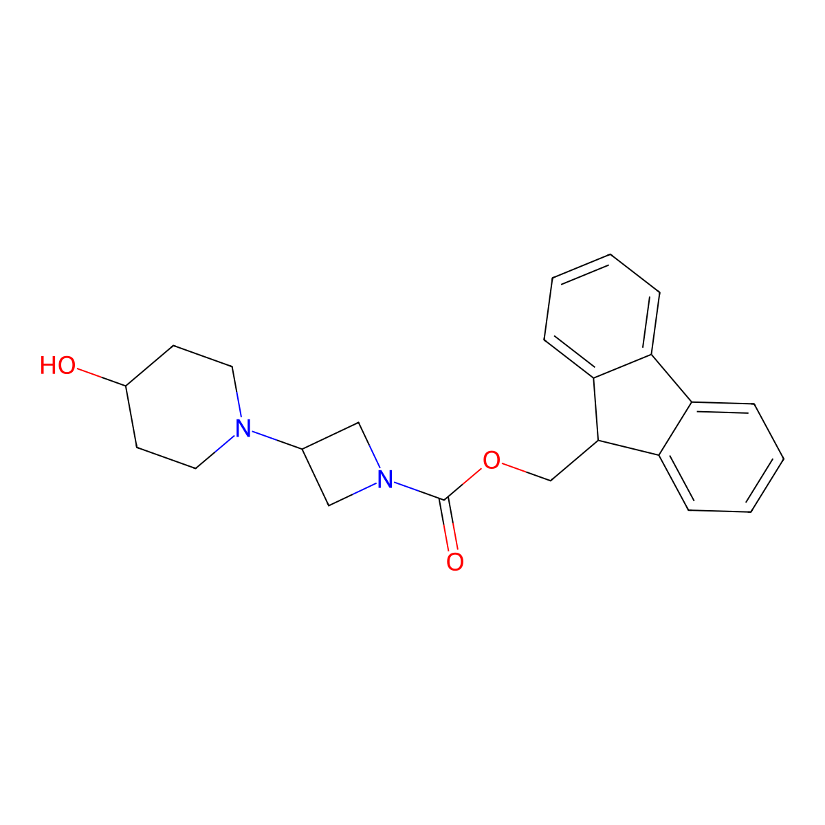 (9H-fluoren-9-yl)methyl 3-(4-hydroxypiperidin-1-yl)azetidine-1-carboxylate molecular structure, CAS 2763993-92-4