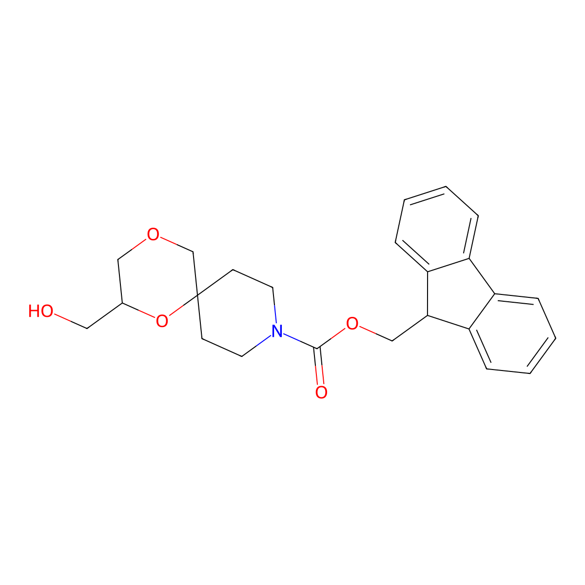 (9H-fluoren-9-yl)methyl 2-(hydroxymethyl)-1,4-dioxa-9-azaspiro[5.5]undecane-9-carboxylate molecular structure, CAS 2763993-99-1