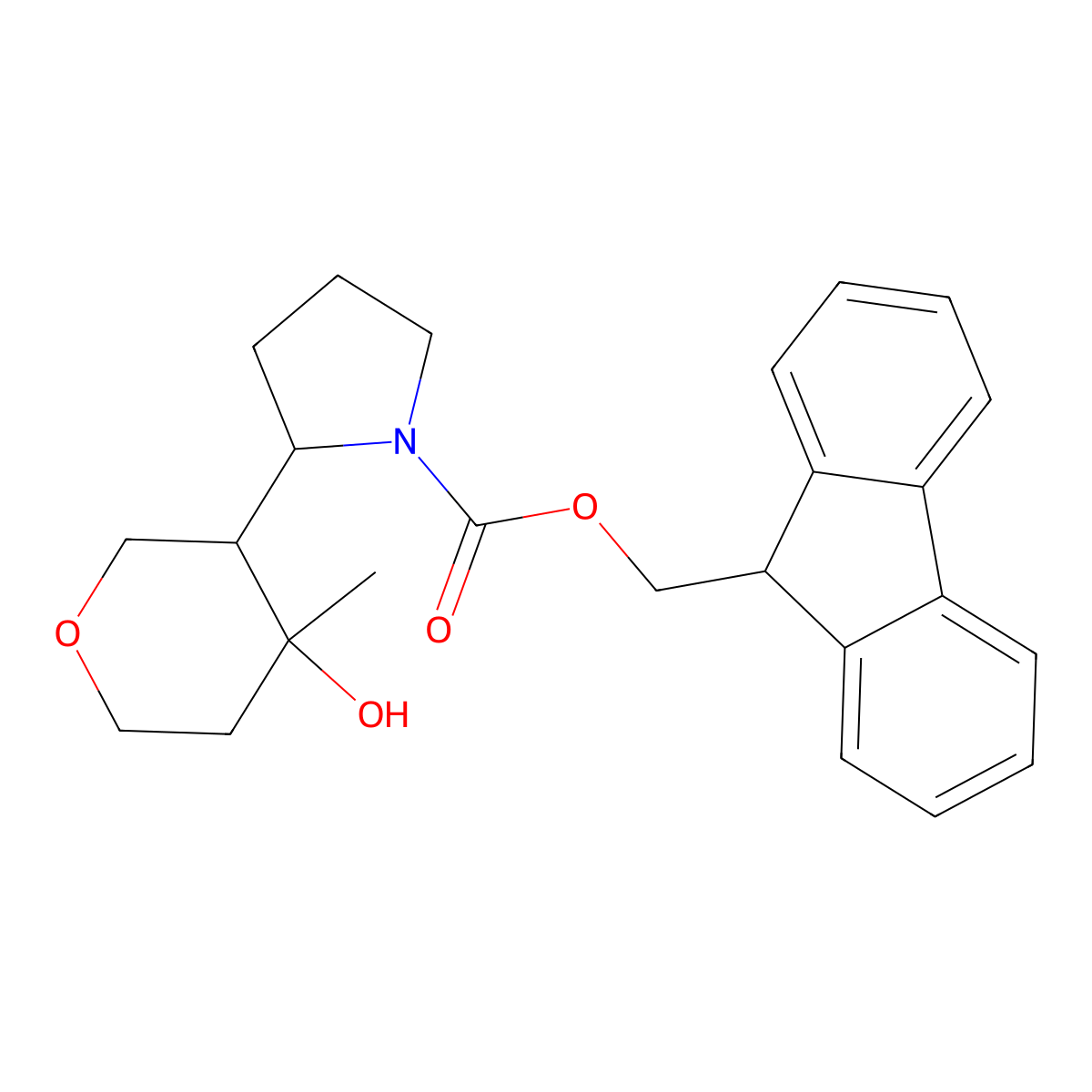 (9H-fluoren-9-yl)methyl 2-(4-hydroxy-4-methyloxan-3-yl)pyrrolidine-1-carboxylate molecular structure, CAS 2763994-05-2