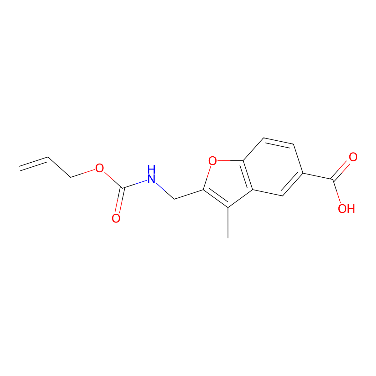 3-Methyl-2-({[(prop-2-en-1-yloxy)carbonyl]amino}methyl)-1-benzofuran-5-carboxylic acid molecular structure, CAS 2763994-56-3