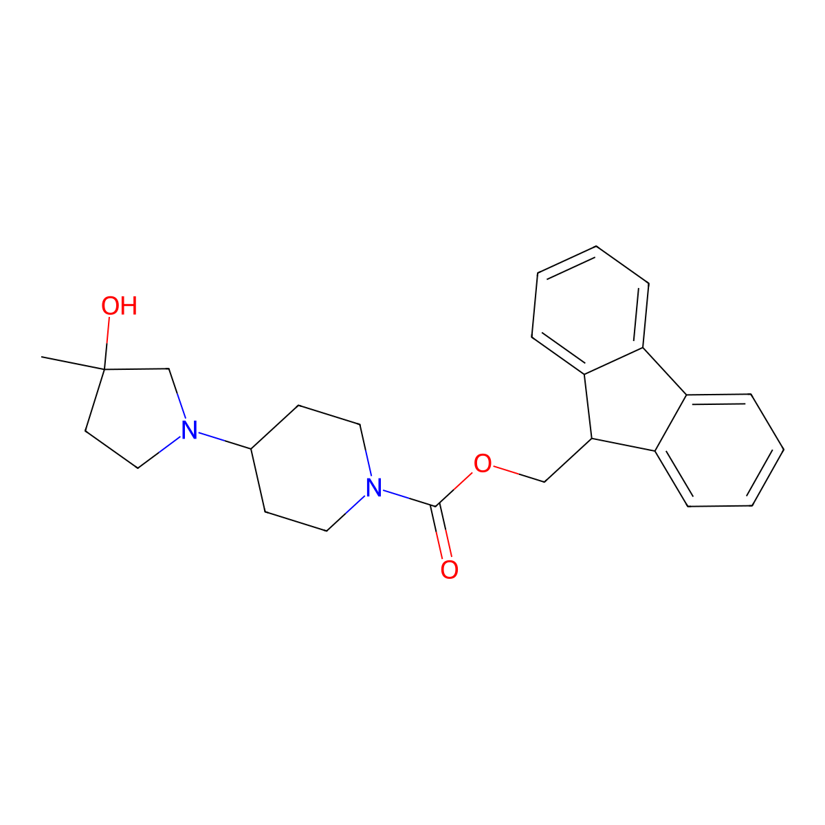 (9H-fluoren-9-yl)methyl 4-(3-hydroxy-3-methylpyrrolidin-1-yl)piperidine-1-carboxylate molecular structure, CAS 2763994-69-8