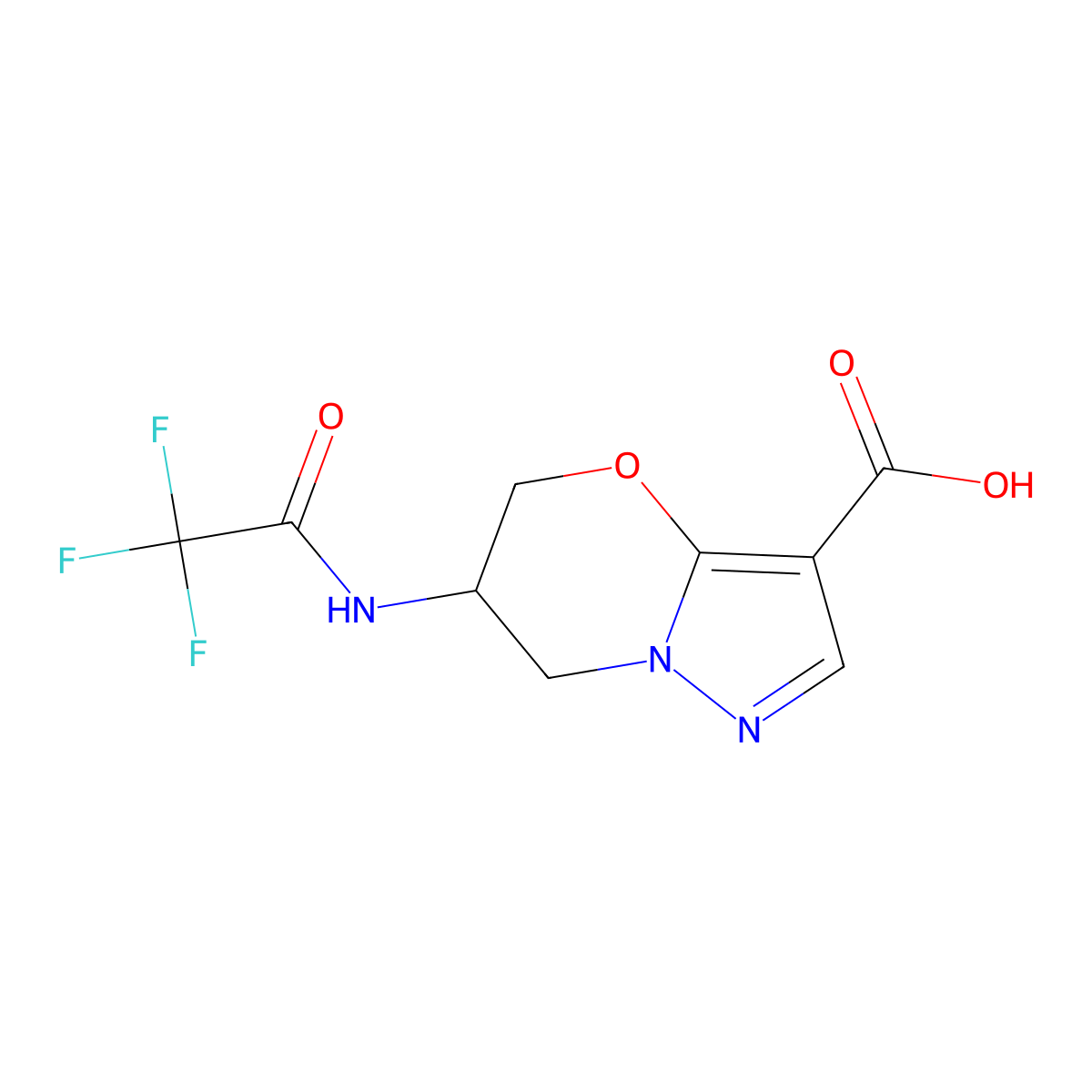 6-(2,2,2-trifluoroacetamido)-5H,6H,7H-pyrazolo[3,2-b][1,3]oxazine-3-carboxylic acid molecular structure, CAS 2763997-72-2