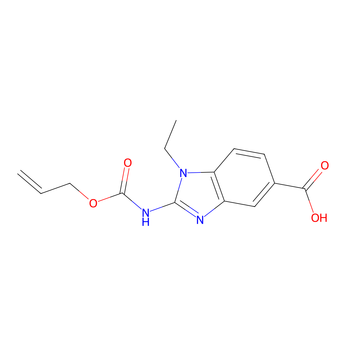 1-ethyl-2-{[(prop-2-en-1-yloxy)carbonyl]amino}-1H-1,3-benzodiazole-5-carboxylic acid molecular structure, CAS 2763997-99-3