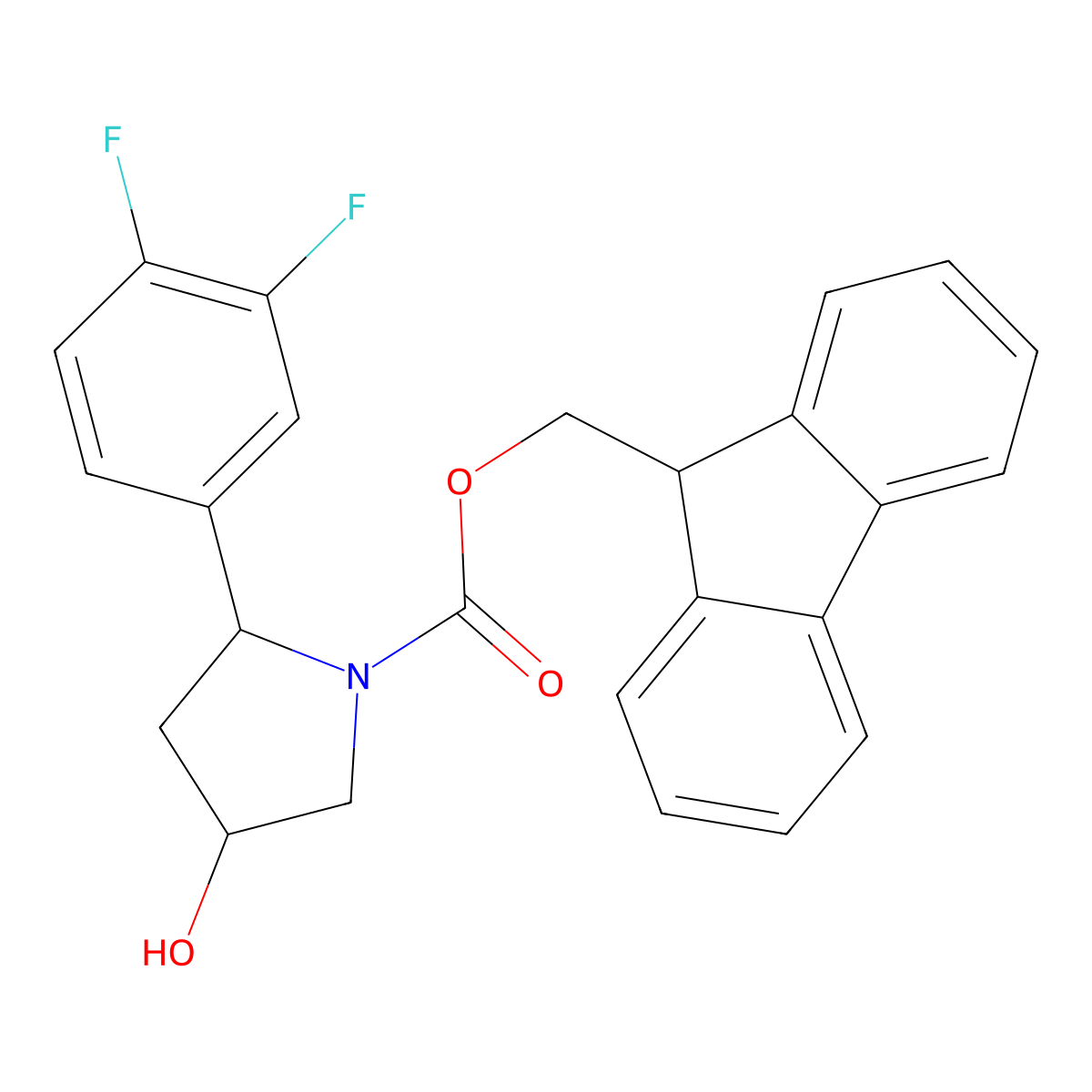 (9H-fluoren-9-yl)methyl 2-(3,4-difluorophenyl)-4-hydroxypyrrolidine-1-carboxylate molecular structure, CAS 2763998-87-2