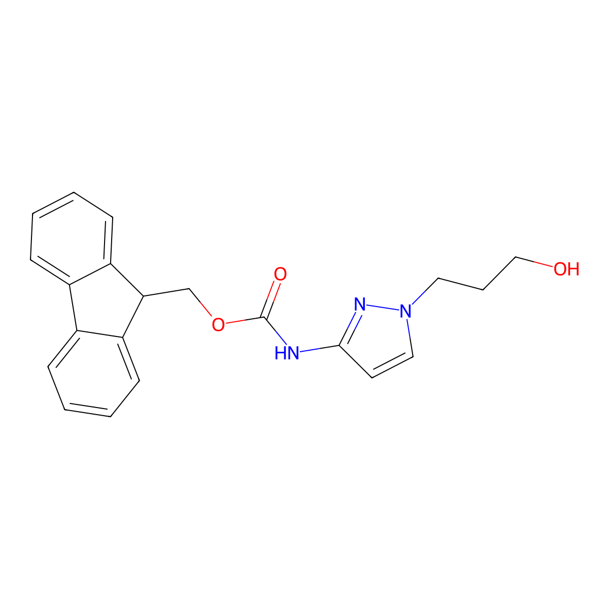 (9H-fluoren-9-yl)methyl N-[1-(3-hydroxypropyl)-1H-pyrazol-3-yl]carbamate molecular structure, CAS 2763998-92-9