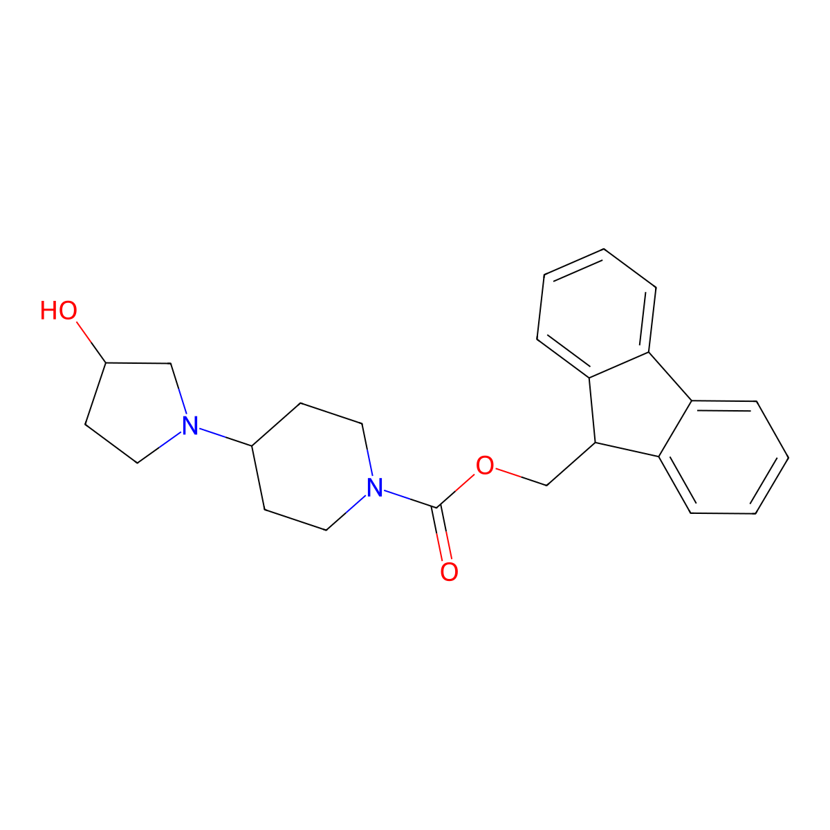 (9H-fluoren-9-yl)methyl 4-(3-hydroxypyrrolidin-1-yl)piperidine-1-carboxylate molecular structure, CAS 2763998-95-2