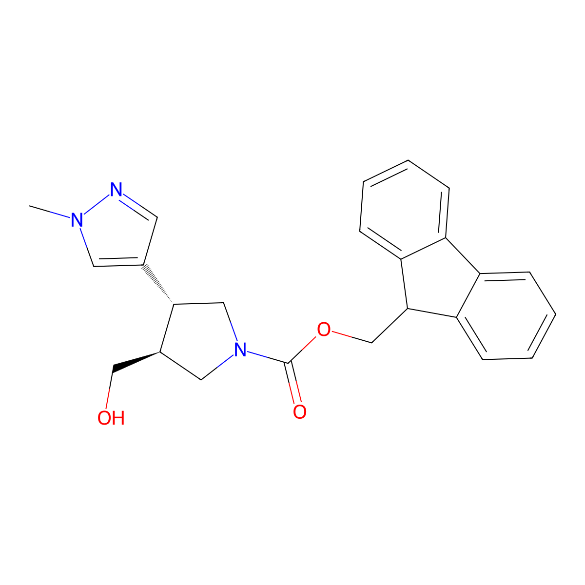rac-(9H-fluoren-9-yl)methyl (3R,4S)-3-(hydroxymethyl)-4-(1-methyl-1H-pyrazol-4-yl)pyrrolidine-1-carboxylate molecular structure, CAS 2763999-31-9